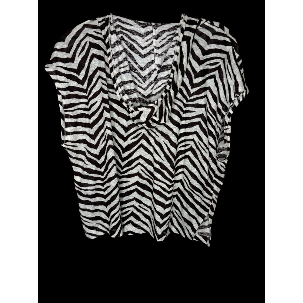 Sigrid Olsen Zebra Print 100% Linen Hooded V-Neck Tassel Top Brown White L - Picture 2 of 5